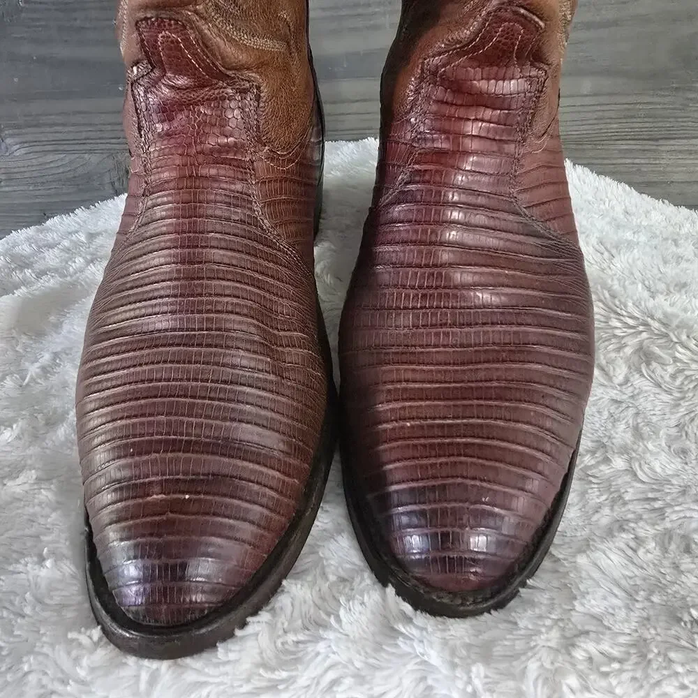 Vintage Tony Lama Brown Stitched Teju Lizard Leather Western Boots MENS SIZE 9